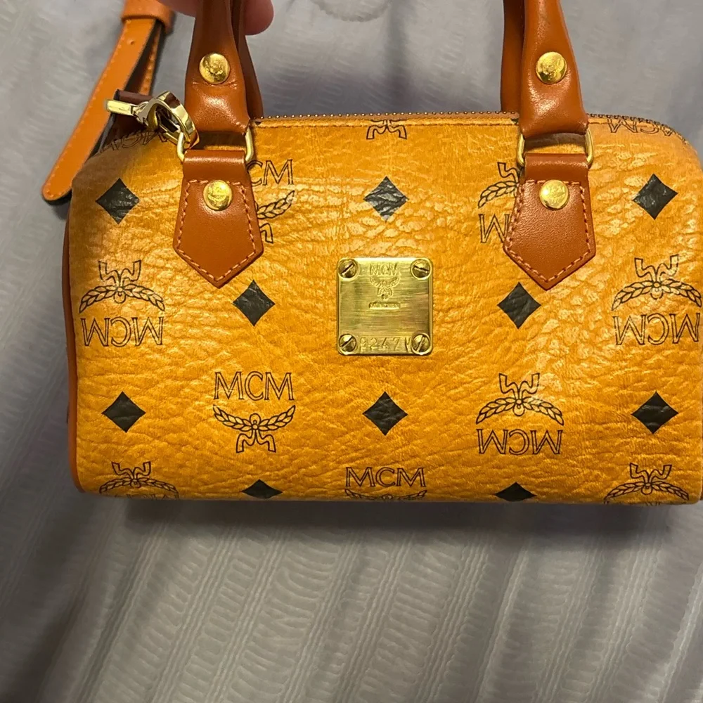 MCM Orange Visetos Dome Satchel with Gold Plaque